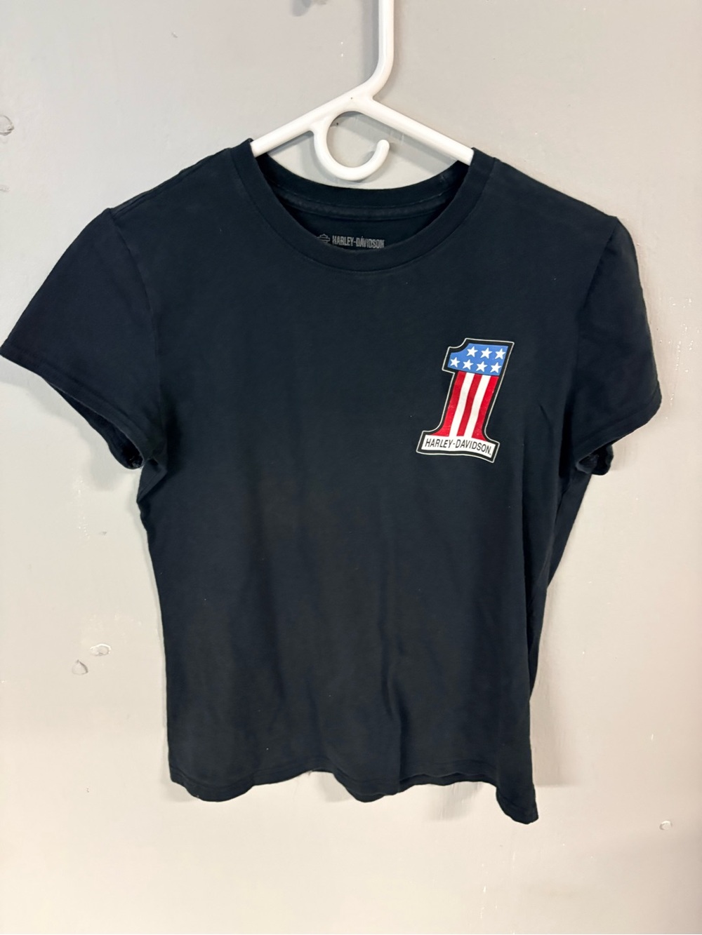 Harley-Davidson Black Short Sleeve Tee with American Flag '1' Patch Womens